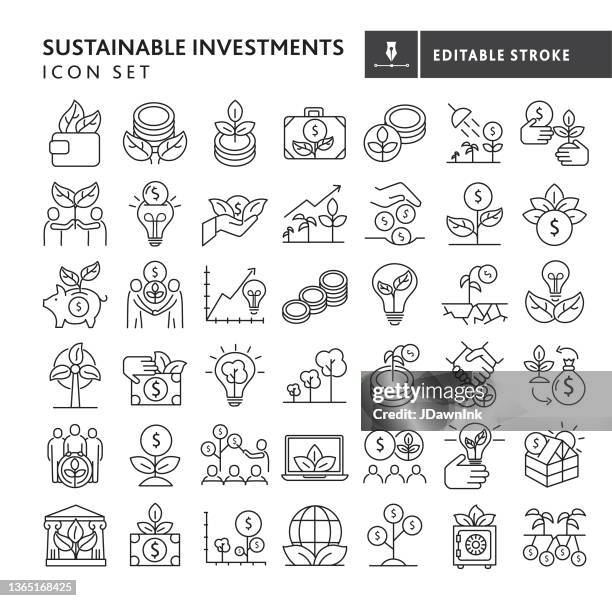 ilustraciones, imágenes clip art, dibujos animados e iconos de stock de inversión verde sostenible crecimiento inversión ética, inversión socialmente responsable, inversión de impacto línea delgada conjunto de iconos - trazo editable - inversión