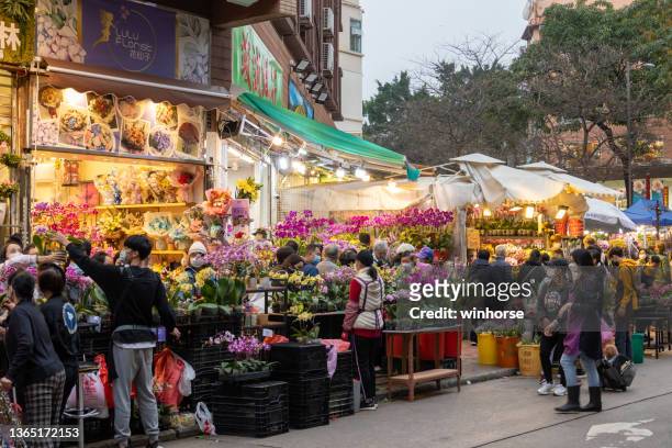 mong kok flower market in hong kong - flower stall stock pictures, royalty-free photos & images