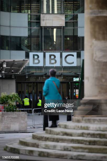 The BBC logo is seen at BBC Broadcasting House on January 17, 2022 in London, England. Culture Secretary Nadine Dorries has hinted that the...