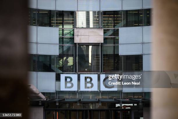 The BBC logo is seen at BBC Broadcasting House on January 17, 2022 in London, England. Culture Secretary Nadine Dorries has hinted that the...