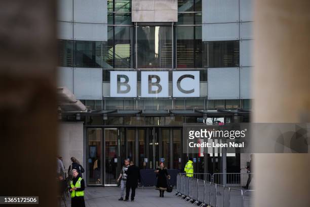 The BBC logo is seen at BBC Broadcasting House on January 17, 2022 in London, England. Culture Secretary Nadine Dorries has hinted that the...