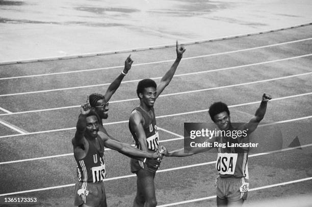 The US team, winners of the men's 4x400 metres relay at the 1976 Summer Olympics in Montreal, Canada, July 1976. From left to right, Fred Newhouse,...
