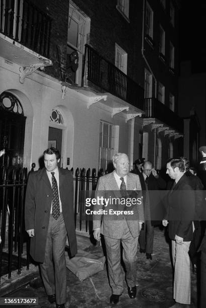 Former Prime Minister Edward Heath outside his house at 17 Wilton Street in London, after a bomb was thrown at the house only hours before a...