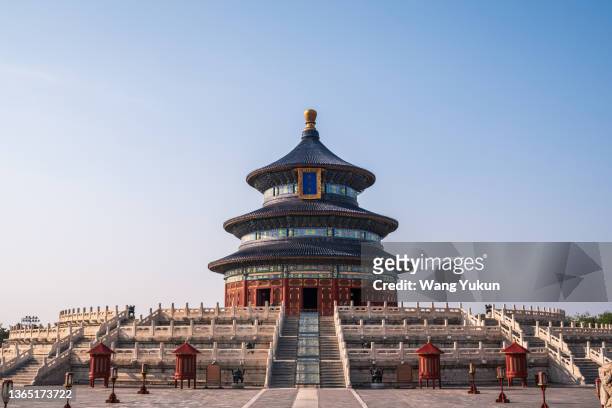 front view of the hall of prayer for good harvest in the temple of heaven park - temple of heaven stock pictures, royalty-free photos & images