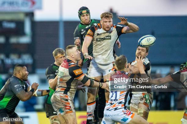 January 15: Ollie Chessum of Leicester Tigers wins a line out challenged by Ultan Dillane of Connacht during the Connacht V Leicester Tigers,...