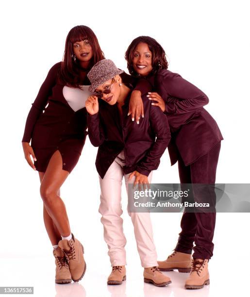 Portrait of Cheryl 'Salt' James, Sandra 'Pepa' Denton, and Deirdre 'DJ Spinderella' Roper, better known collectively as the hiphop group Salt n Pepa,...