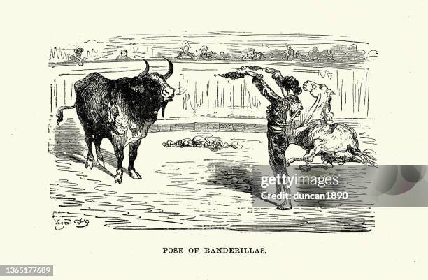 ilustraciones, imágenes clip art, dibujos animados e iconos de stock de corrida de toros, matador frente a un toro, pose de banderillas, españa, español siglo 19, gustave dore - toreo