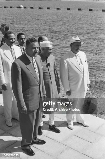 From left to right, Egyptian President Gamal Abdel Nasser , Indian Prime Minister Jawaharlal Nehru and Yugoslavian President Marshal Tito meet on the...