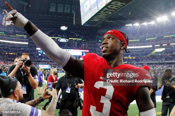 Jaquiski Tartt of the San Francisco 49ers walks off the field after defeating the Dallas Cowboys 23-17 in the NFC Wild Card Playoff game at AT&T...