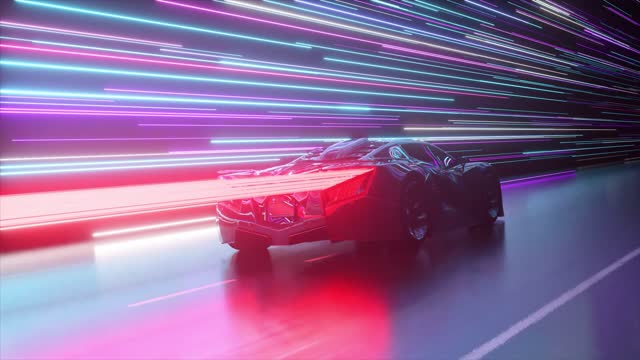 Futuristic concept. Sports car on the background of glowing neon lines. Red neon laser. 3d animation of seamless loop