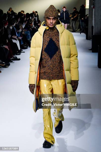 Model walks the runway during the K-Way Ready to Wear Fall/Winter 2022-2023 fashion show as part of the Milan Men Fashion Week on January 17, 2022 in...