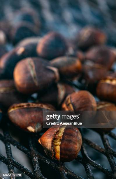 roasted chestnuts in the campfire - chestnuts open fire stock pictures, royalty-free photos & images