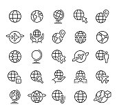GLOBE - thin line vector icon set. Pixel perfect. Editable stroke. The set contains icons: Planet Earth, Globe, Global Business, Climate Change, Delivering, Travel, Environmental Conservation, Shipping