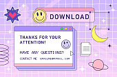 Retro browser computer window in 90s vaporwave style with smile face hipster stickers. Retrowave pc desktop with message boxes and popup user interface elements, Vector illustration of UI and UX