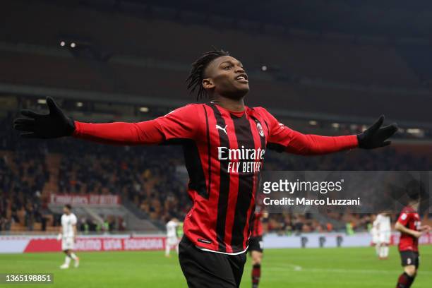 Rafael Leao of AC Milan celebrates after scoring the opening goal during the Serie A match between AC Milan and Spezia Calcio at Stadio Giuseppe...
