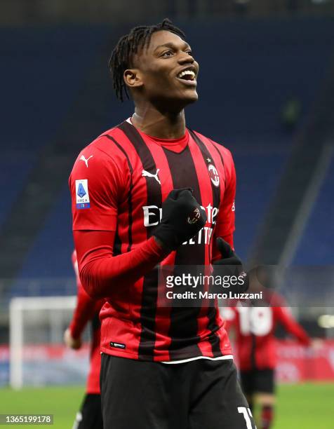 Rafael Leao of AC Milan celebrates after scoring the opening goal during the Serie A match between AC Milan and Spezia Calcio at Stadio Giuseppe...