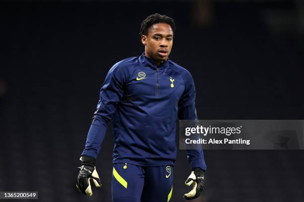 Joshua Oluwayemi of Tottenham warms up during the Premier League 2 match between Tottenham Hotspur U23 and Blackburn Rovers U23 at Tottenham Hotspur...