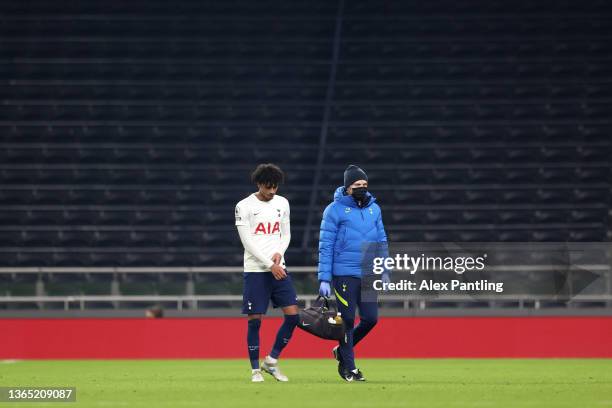 Brooklyn Lyons-Foster of Tottenham Hotspur leaves the pitch with an injury during the Premier League 2 match between Tottenham Hotspur U23 and...