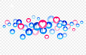 Blue, red bubble with thumb up like, heart for live stream video chat background. Web botton social media isolated. Network symbol content.