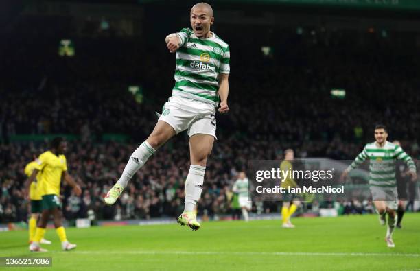 Daizen Maeda of Celtic celebrates after scoring the opening goal during the Cinch Scottish Premiership match between Celtic FC and Hibernian FC at on...