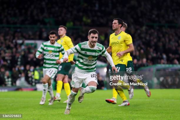 Josip Juranovic of Celtic celebrates after scoring from the penalty spot during the Cinch Scottish Premiership match between Celtic FC and Hibernian...