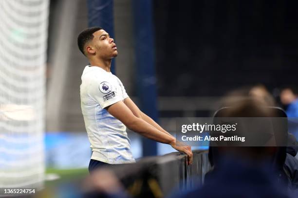 Dane Scarlett of Tottenham reacts to a missed chance during the Premier League 2 match between Tottenham Hotspur U23 and Blackburn Rovers U23 at...