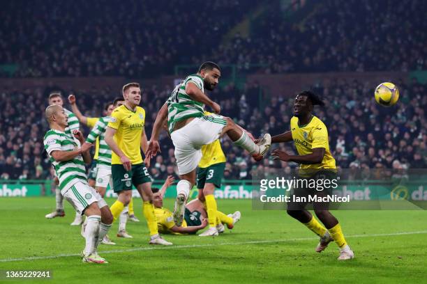 Cameron Carter-Vickers of Celtic scores a disallowed goal during the Cinch Scottish Premiership match between Celtic FC and Hibernian FC at on...