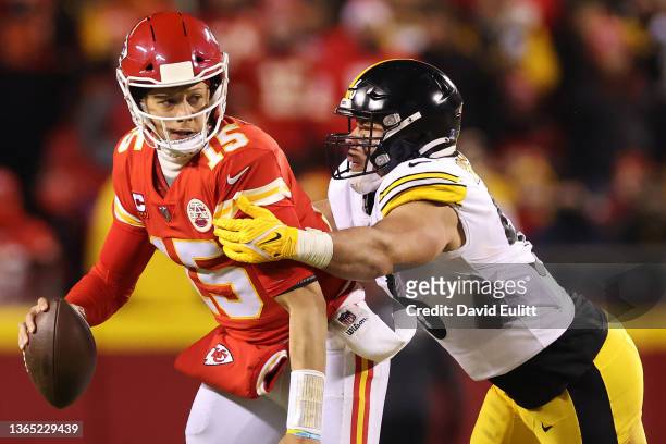 Patrick Mahomes of the Kansas City Chiefs is sacked by Alex Highsmith of the Pittsburgh Steelers in the second quarter in the NFC Wild Card Playoff...