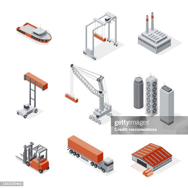 isometric set logistic and port elements - industrial district stock illustrations