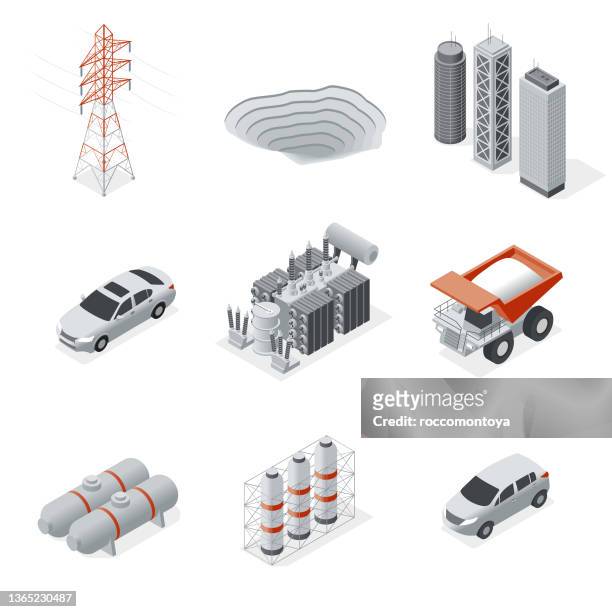 isometric set industry and mining - gas plant vector stock illustrations