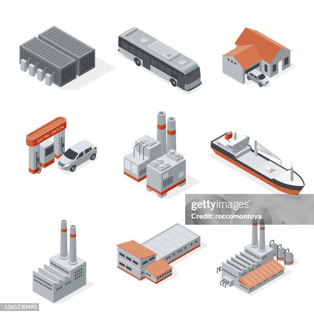 ilustraciones, imágenes clip art, dibujos animados e iconos de stock de conjunto isométrico de elementos de la industria - batería de almacenamiento