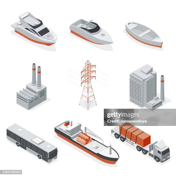 isometric set industry and transportation - communications tower stock illustrations