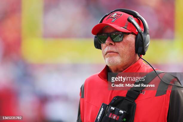 Head Coach Bruce Arians of the Tampa Bay Buccaneers looks on during the game against the Philadelphia Eagles in the NFC Wild Card Playoff game at...