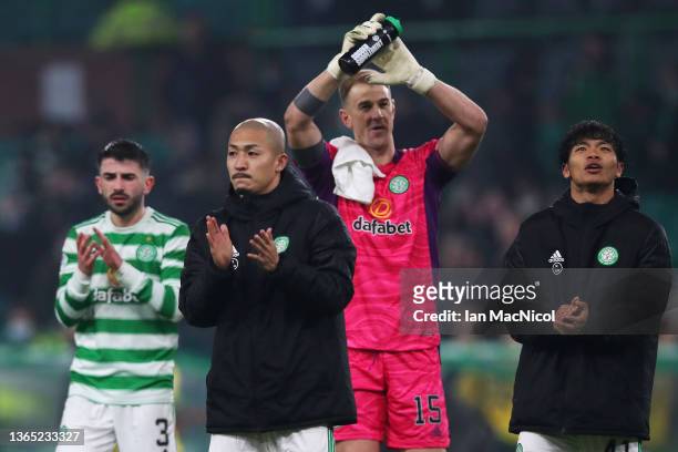 Daizen Maeda of Celtic applauds the fans after victory in the Cinch Scottish Premiership match between Celtic FC and Hibernian FC at on January 17,...