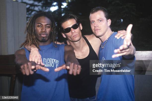 Damon Butler, David Loeffler, and Trey Parker of E.Y.C. Pose during Nickelodeon's All That tour at Shoreline Amphitheatre on July 31, 1999 in...