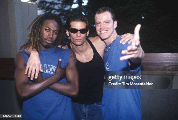 Damon Butler, David Loeffler, and Trey Parker of E.Y.C. Pose during Nickelodeon's All That tour at Shoreline Amphitheatre on July 31, 1999 in...