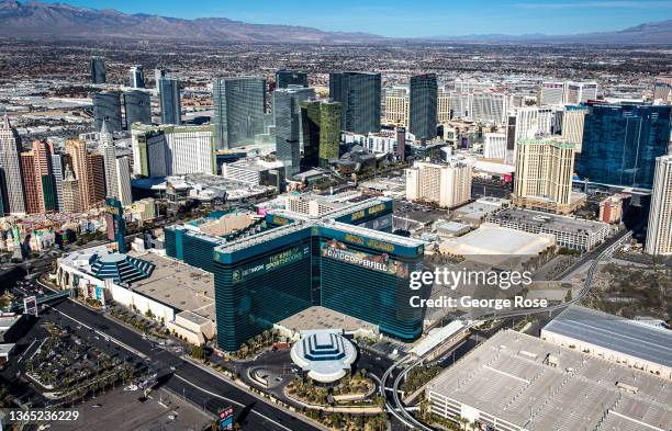 Hotels and attractions, including The MGM Grand, New York New York and Aria Hotels & Casinos, along the Las Vegas Strip are viewed from the air on...
