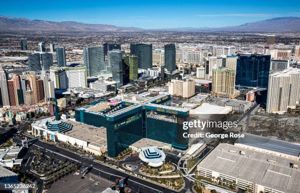 Hotels and attractions, including The MGM Grand, New York New York and Aria Hotels & Casinos, along the Las Vegas Strip are viewed from the air on...