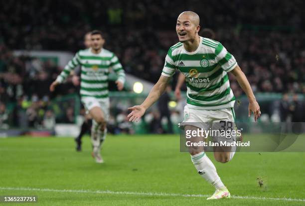 Daizen Maeda of Celtic celebrates after scoring the opening goal during the Cinch Scottish Premiership match between Celtic FC and Hibernian FC at on...
