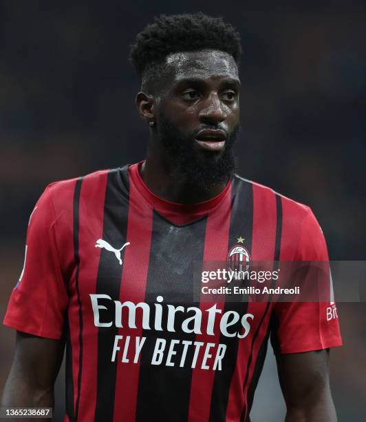 Tiemoue Bakayoko of AC Milan looks on during the Serie A match between AC Milan and Spezia Calcio at Stadio Giuseppe Meazza on January 17, 2022 in...