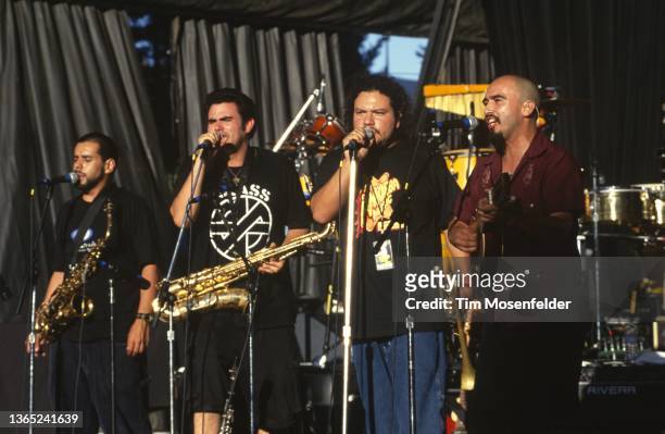 Raúl Pacheco and Ozomatli perform at Shoreline Amphitheatre on August 15, 1999 in Mountain View, California.