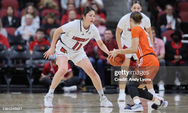 Norika Konno of the Louisville Cardinals against the Syracuse Orange at KFC YUM! Center on January 13, 2022 in Louisville, Kentucky.