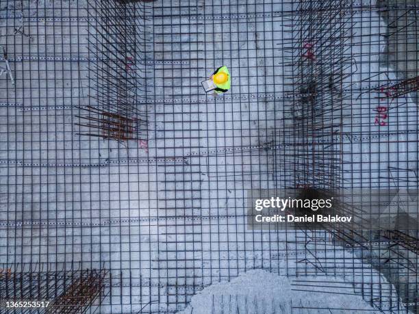 aerial view of construction site foundations, engineer working. - building foundations stockfoto's en -beelden