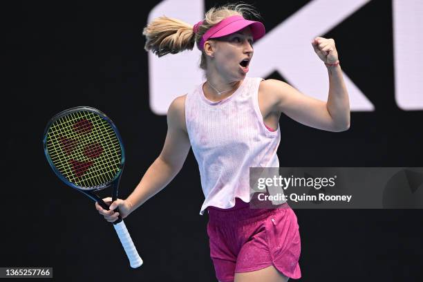 Daria Saville of Australia celebrates after winning a point in her first round singles match against Rebecca Peterson of Sweden during day two of the...