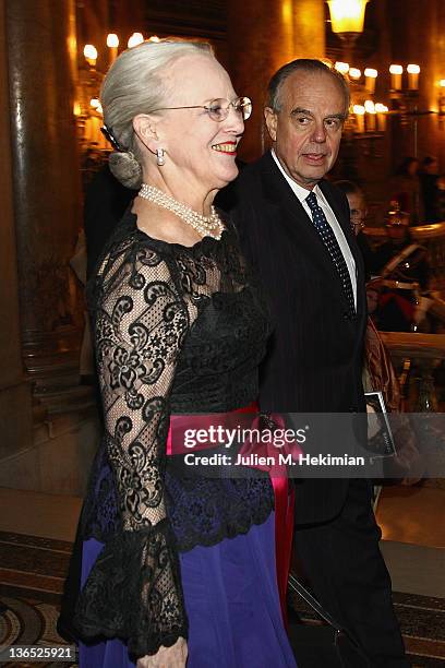 Queen Margrethe of Denmark and French Minister for Culture Frederic Mitterrand attend 'Napoli' Premiere by Danish Royal Ballet at Opera Garnier on...