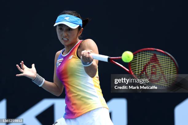 Misaki Doi of Japan plays a forehand in her first round singles match against Kristina Kucova of Slovakia during day two of the 2022 Australian Open...