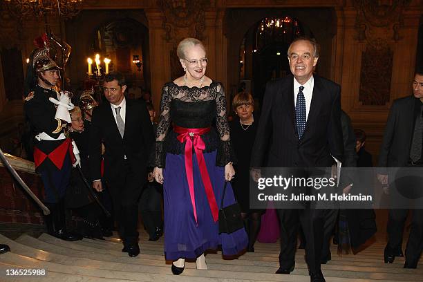 Queen Margrethe of Denmark and French Minister for Culture Frederic Mitterrand attend 'Napoli' Premiere by Danish Royal Ballet at Opera Garnier on...