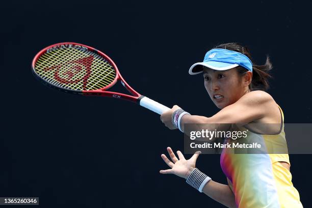 Misaki Doi of Japan plays a forehand in her first round singles match against Kristina Kucova of Slovakia during day two of the 2022 Australian Open...