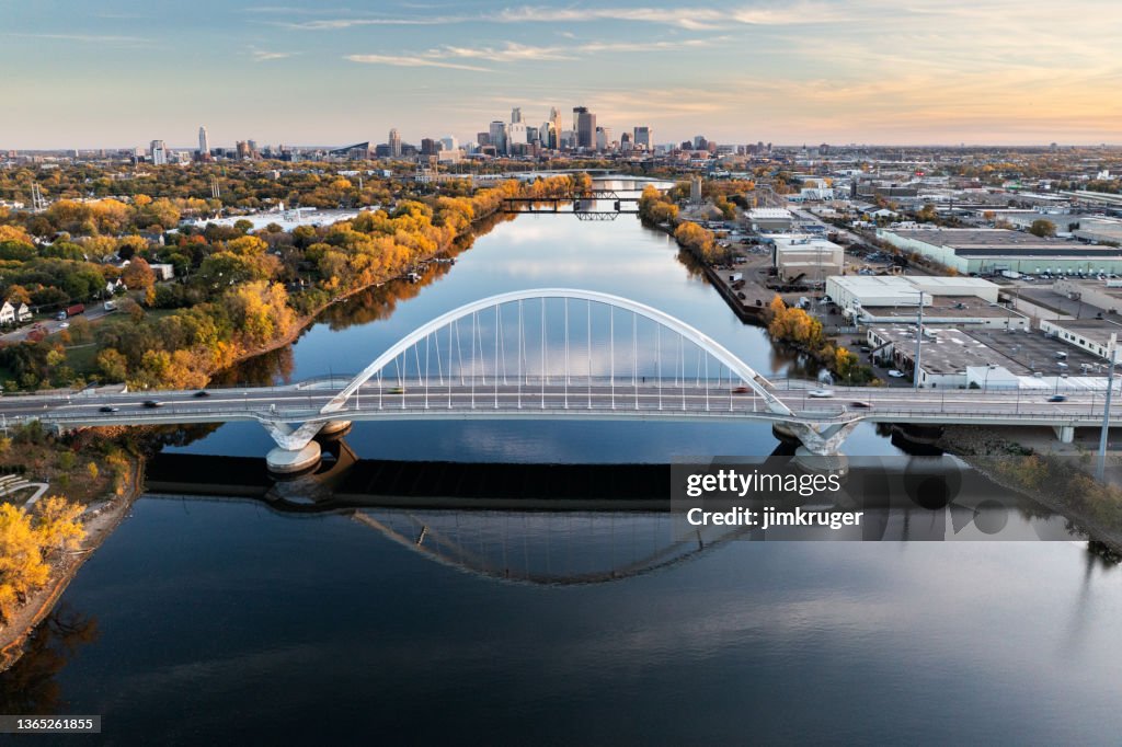 Aerial view of Minneapolis and the Lowry Avenue bridge