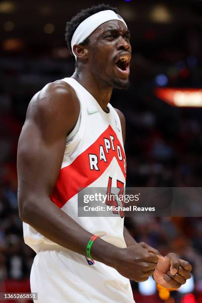 Pascal Siakam of the Toronto Raptors reacts against the Miami Heat during the first half at FTX Arena on January 17, 2022 in Miami, Florida. NOTE TO...